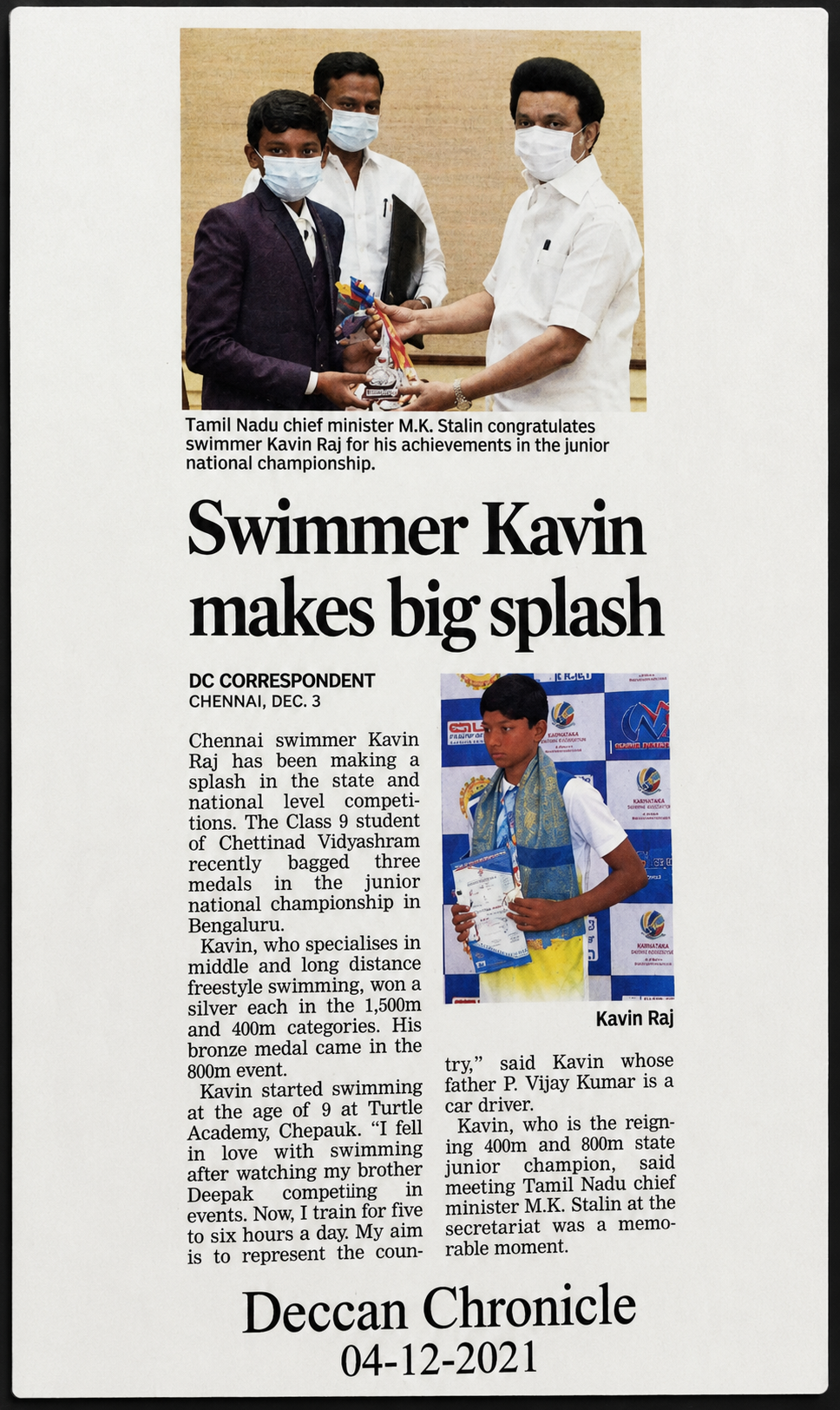 Deccan Chronicle article featuring Kavin Raj
